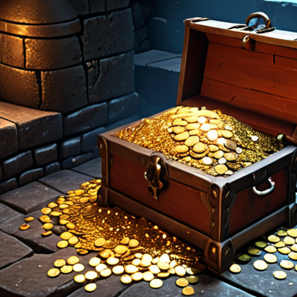 **

"A treasure chest overflowing with gold coins, shimmering potions, and rare equipment, radiating light. The chest is set against a backdrop of a dark, mysterious dungeon. Focus on the details of the items and the overall feeling of abundance. Dungeons & Fighter style."

**