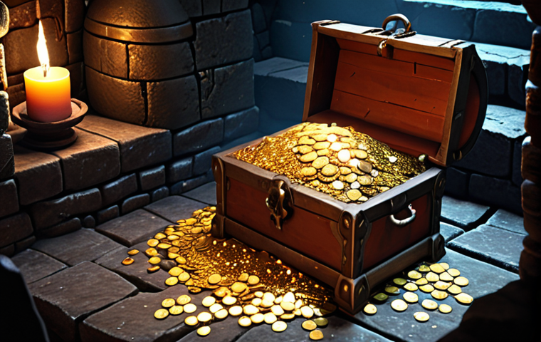 **

"A treasure chest overflowing with gold coins, shimmering potions, and rare equipment, radiating light. The chest is set against a backdrop of a dark, mysterious dungeon. Focus on the details of the items and the overall feeling of abundance. Dungeons & Fighter style."

**