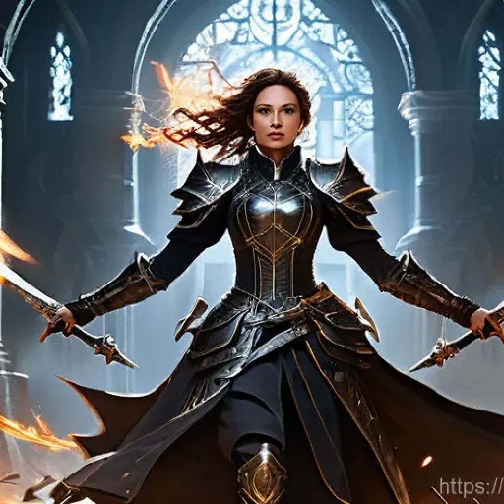 던전앤파이터 시너지 딜러 역할 - **Prompt:** A dynamic, high-angle action shot within a sprawling, gothic-inspired dungeon, showcasin...